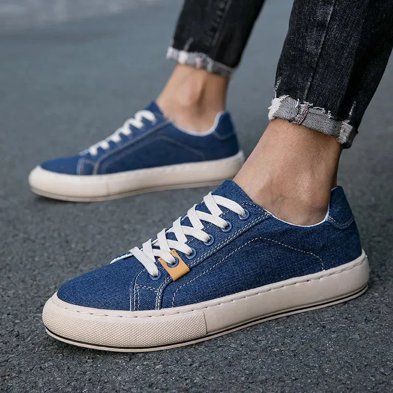 Flat Salsa Dance Shoes Wiaofellas  -  Japanese Style Cowboy Blue Men Canvas Sneakers FLat Non-slip Men's Vulcanized Shoes Breathable Low Cut Skateboard Shoes for Man