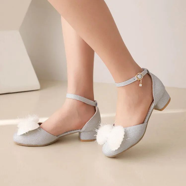Women's Bling Bling Round Toe Fur Butterfly Knot Hollow Out Ankle Strap Block Heel Sandals Feet In Sandals
