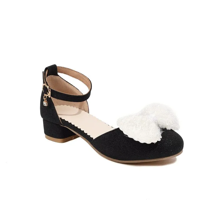 Women's Bling Bling Round Toe Fur Butterfly Knot Hollow Out Ankle Strap Block Heel Sandals Sandals Vs Slides