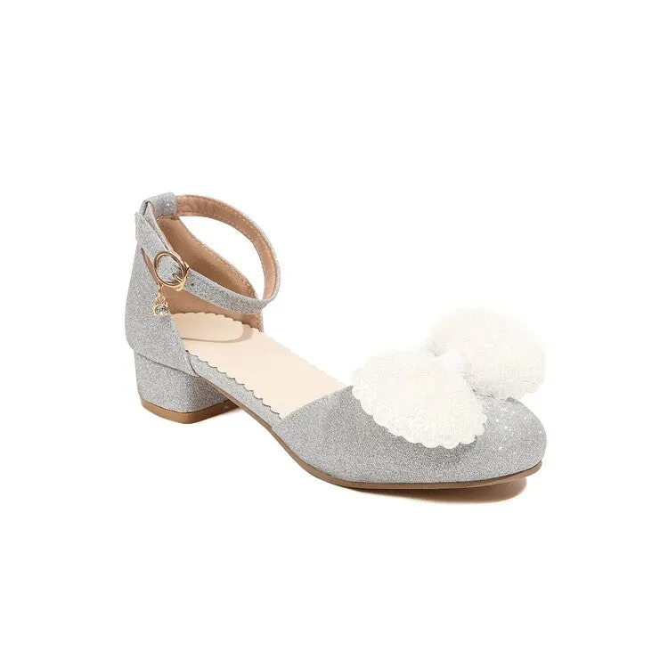 Women's Bling Bling Round Toe Fur Butterfly Knot Hollow Out Ankle Strap Block Heel Sandals Trend Sandals