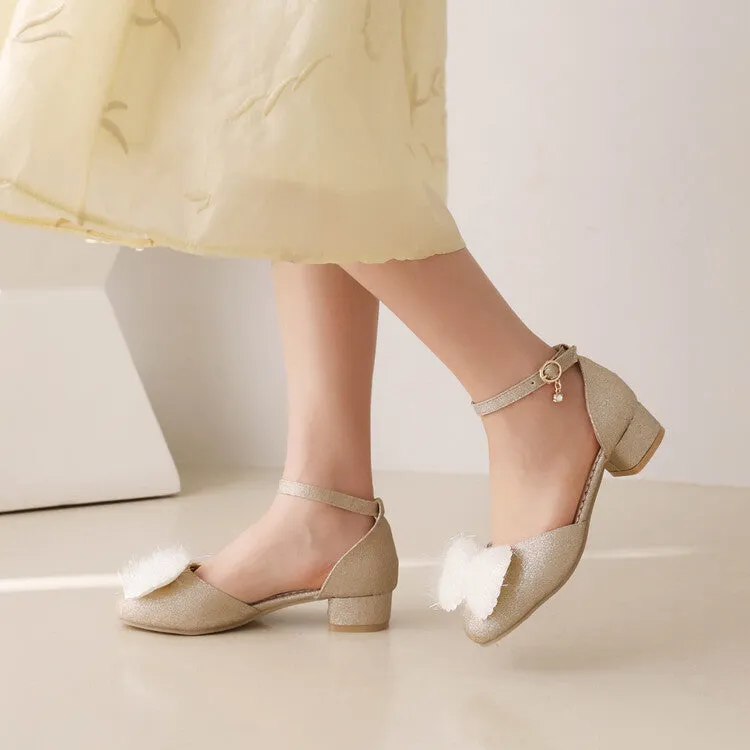 Women's Bling Bling Round Toe Fur Butterfly Knot Hollow Out Ankle Strap Block Heel Sandals Mules Slides Sandals