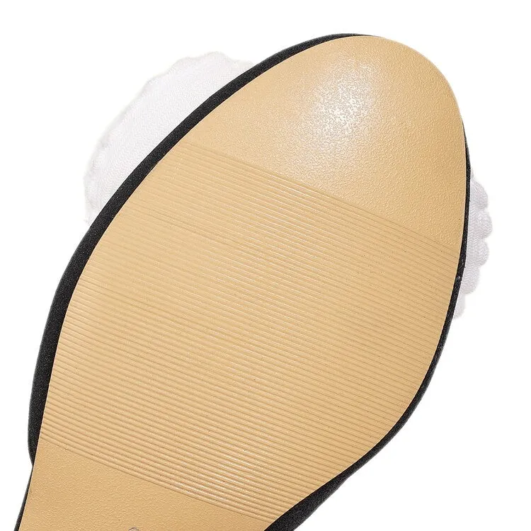 Tennis Shoe Sandals Women's Bling Bling Round Toe Fur Butterfly Knot Hollow Out Ankle Strap Block Heel Sandals