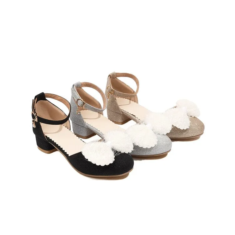 Project Cloud Sandals Women's Bling Bling Round Toe Fur Butterfly Knot Hollow Out Ankle Strap Block Heel Sandals