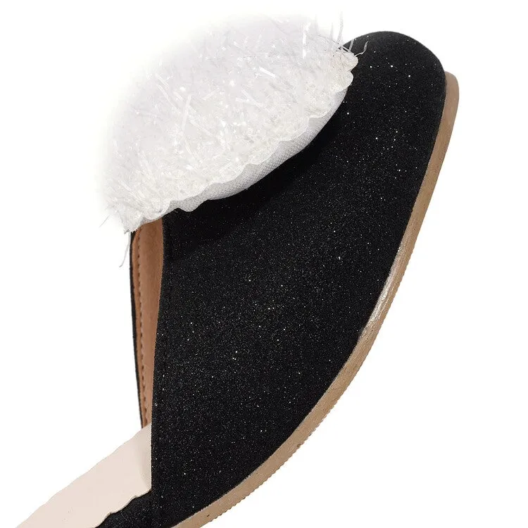 Women's Bling Bling Round Toe Fur Butterfly Knot Hollow Out Ankle Strap Block Heel Sandals Hotel Sandals Barbados