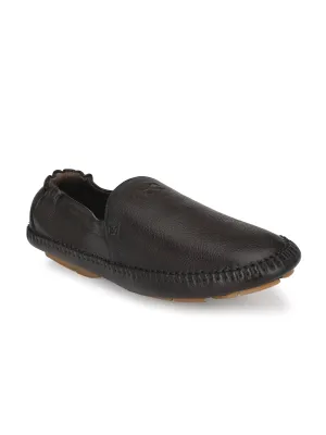 Hitz Men's Brown Leather Slip On Loafer Shoes Fugazi Loafers