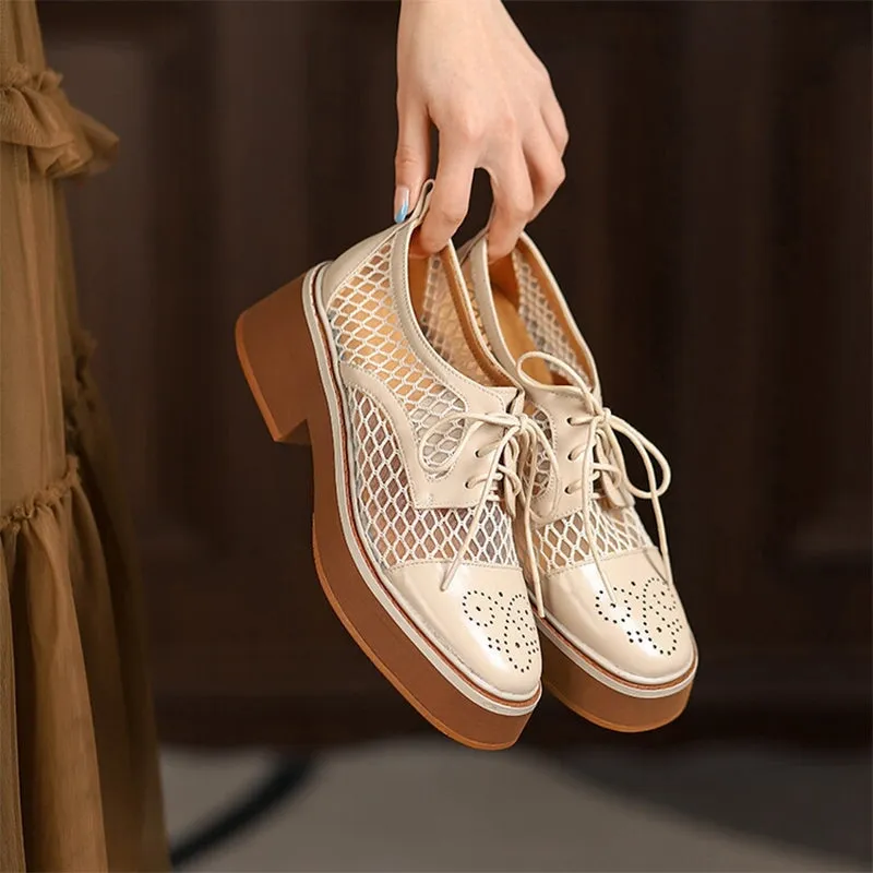 Distressed Leather Oxfords Women's Leather Platform Oxford Shoes for Summer Joining with Mesh in Brown/White
