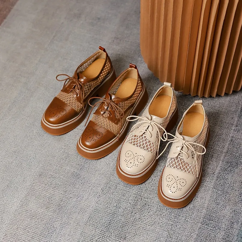 Leather Cap Toe Oxfords Women's Leather Platform Oxford Shoes for Summer Joining with Mesh in Brown/White
