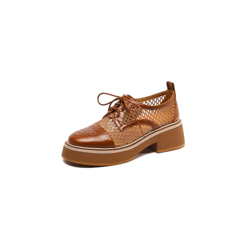 Navy Oxfords Women's Leather Platform Oxford Shoes for Summer Joining with Mesh in Brown/White