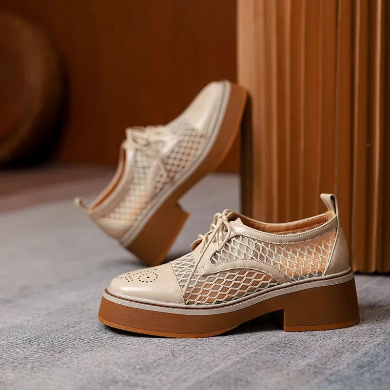 Born Oxfords Women's Leather Platform Oxford Shoes for Summer Joining with Mesh in Brown/White
