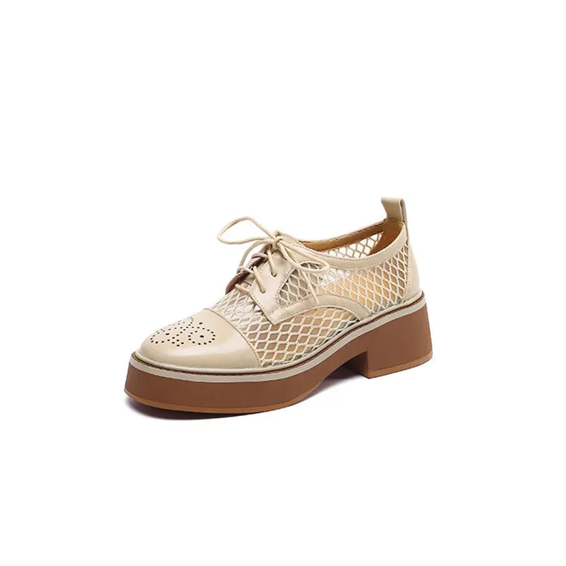 Hi-gloss Oxfords Women's Leather Platform Oxford Shoes for Summer Joining with Mesh in Brown/White