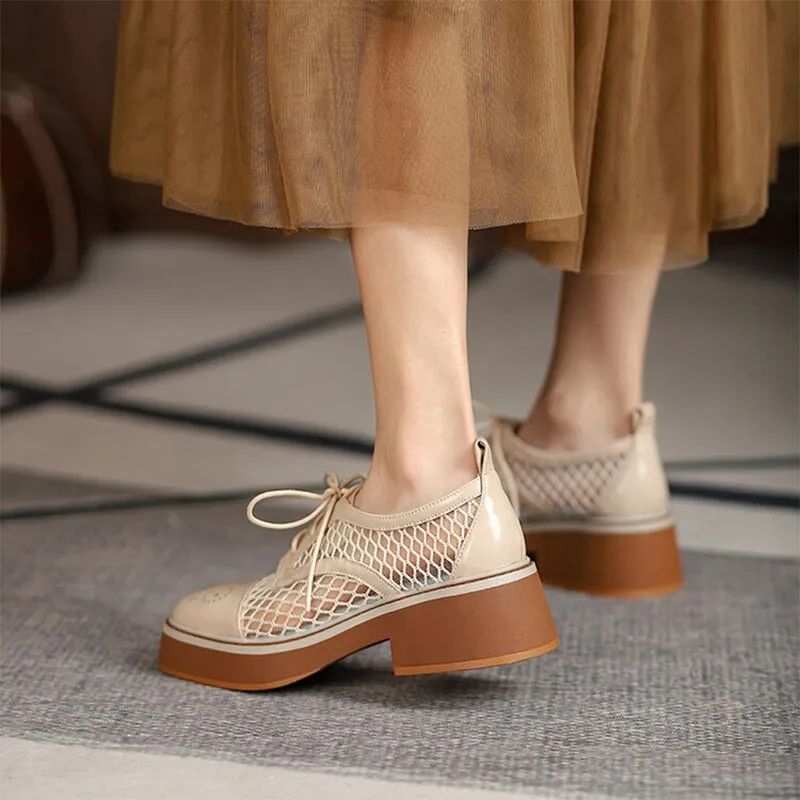 Women's Leather Platform Oxford Shoes for Summer Joining with Mesh in Brown/White Whiddon Cap-toe Oxfords
