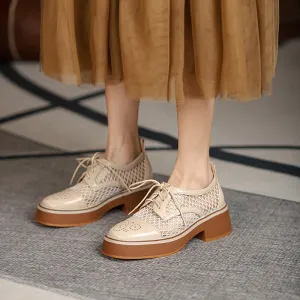 Women's Leather Platform Oxford Shoes for Summer Joining with Mesh in Brown/White Two Tone Cap Toe Oxfords