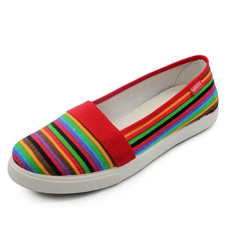 Spring Women Loafers Soft Rainbow Stripe Slip On Flats For Summer Style Canvas Shoes Woman Plus Size 35-41 Original Penny Loafers With Penny