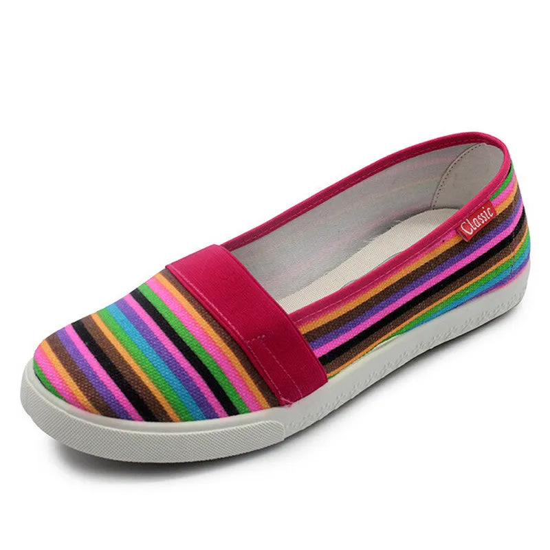 Slone Loafers Spring Women Loafers Soft Rainbow Stripe Slip On Flats For Summer Style Canvas Shoes Woman Plus Size 35-41