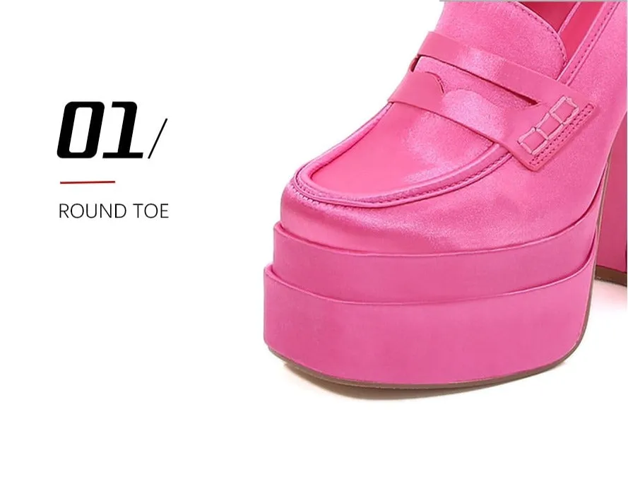 Women Chunky Heeled Satin Loafers Slip On High Heels Shoes Loafers Tuxedo