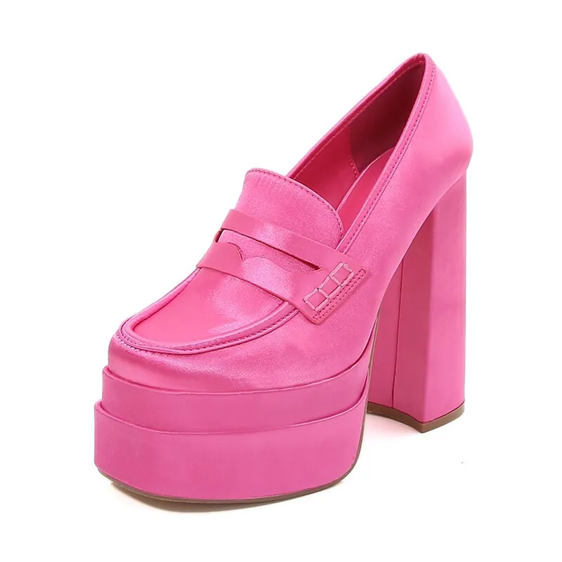 Shell Cordovan Penny Loafers Women Chunky Heeled Satin Loafers Slip On High Heels Shoes