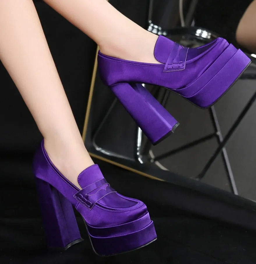 Women Chunky Heeled Satin Loafers Slip On High Heels Shoes Suede Gucci Loafers