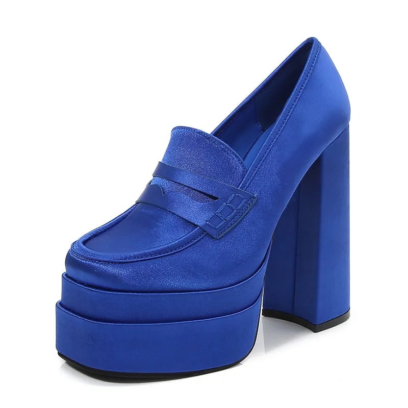 2 Tone Penny Loafers Women Chunky Heeled Satin Loafers Slip On High Heels Shoes