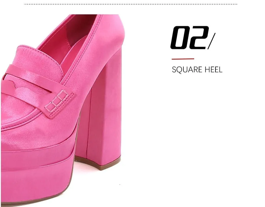 Women Chunky Heeled Satin Loafers Slip On High Heels Shoes Bass Weejuns Penny Loafers