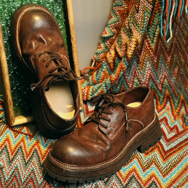 Welt Oxford Round Toe Derby Shoes For Women Goodyear Horse Leather Lace Up Oxfords in Brown/Black