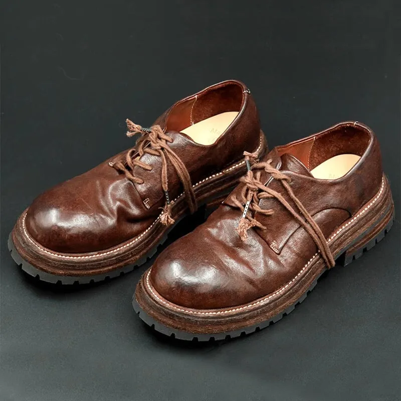 Round Toe Derby Shoes For Women Goodyear Horse Leather Lace Up Oxfords in Brown/Black Luna Blu Oxford