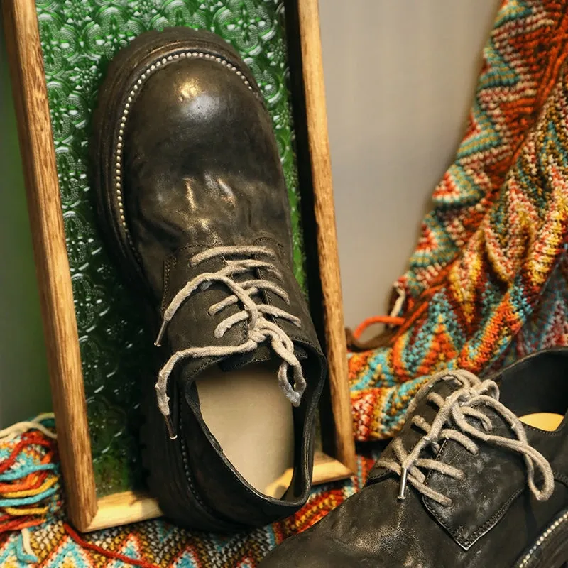 Oxford Tap Shoes Round Toe Derby Shoes For Women Goodyear Horse Leather Lace Up Oxfords in Brown/Black