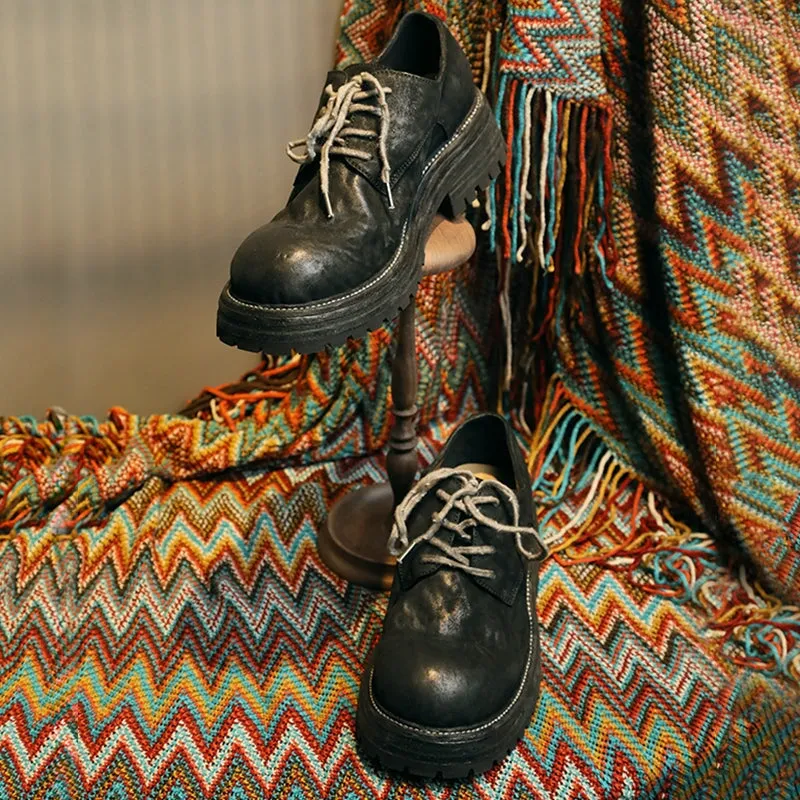 Round Toe Derby Shoes For Women Goodyear Horse Leather Lace Up Oxfords in Brown/Black Oxfords With Lace