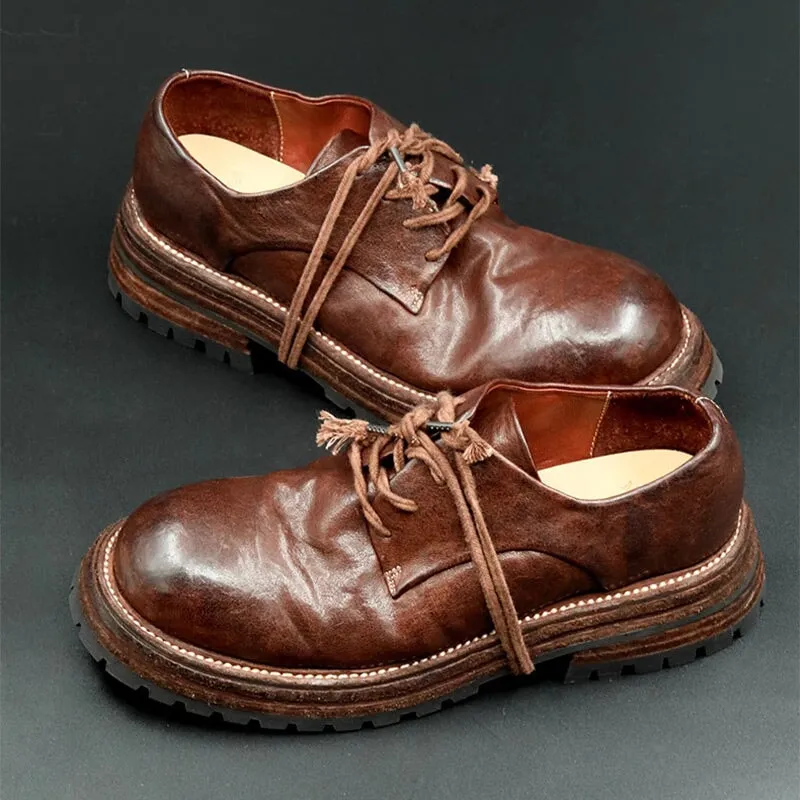 Round Toe Derby Shoes For Women Goodyear Horse Leather Lace Up Oxfords in Brown/Black Spiked Oxfords