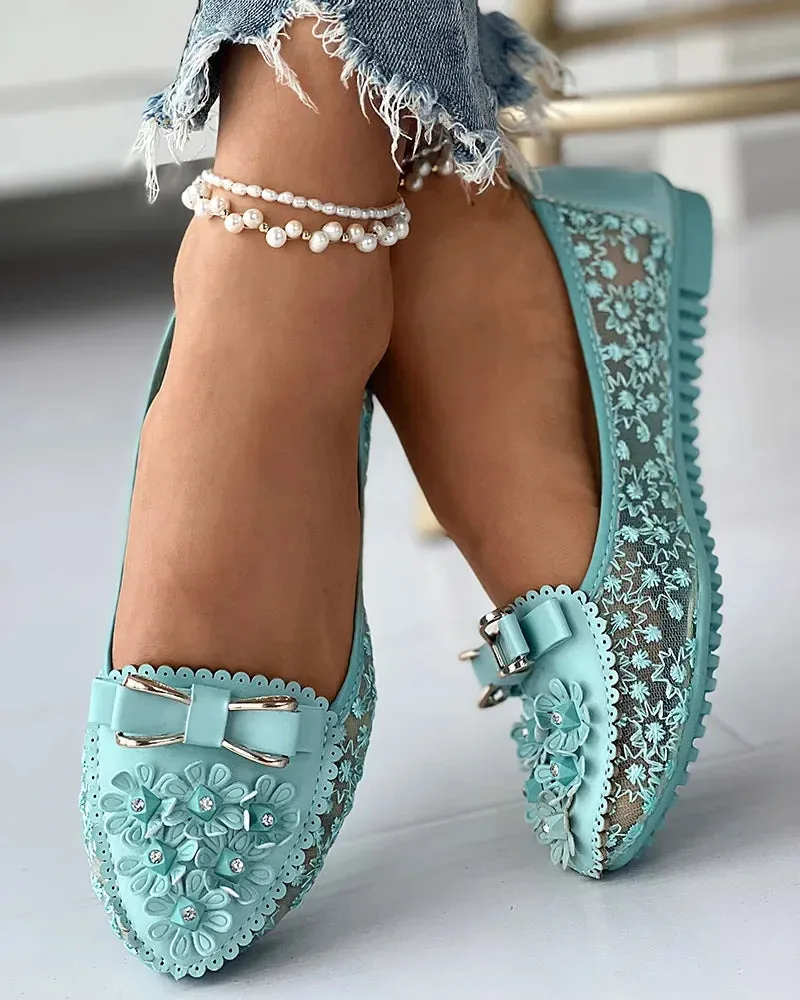 Ted Baker Loafers Summer Breathable Solid Color Vulcanized Shoes Floral Embroidery Bowknot Loafers Women Non-slip Flower Sneakers