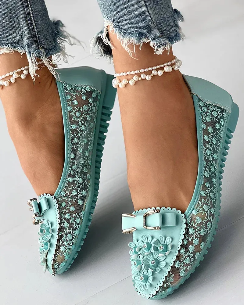 Summer Breathable Solid Color Vulcanized Shoes Floral Embroidery Bowknot Loafers Women Non-slip Flower Sneakers Slip On Suede Loafers