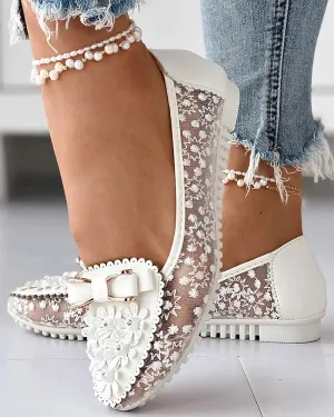 Loafers 1970s Summer Breathable Solid Color Vulcanized Shoes Floral Embroidery Bowknot Loafers Women Non-slip Flower Sneakers