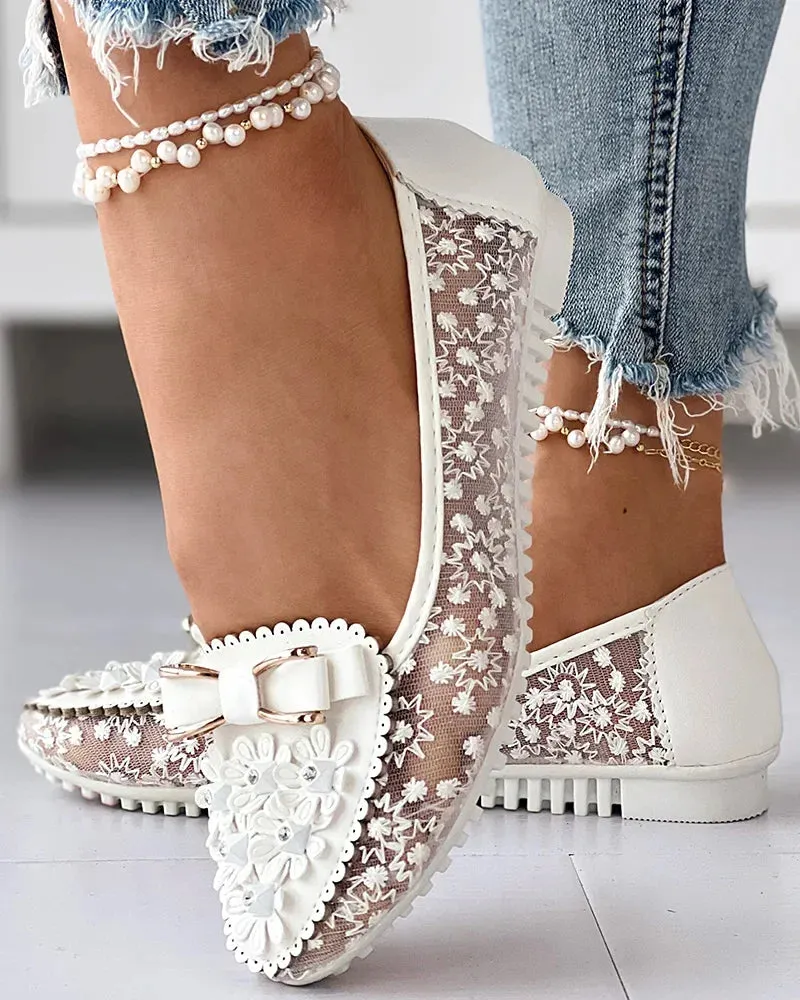 Summer Breathable Solid Color Vulcanized Shoes Floral Embroidery Bowknot Loafers Women Non-slip Flower Sneakers Laced Loafers