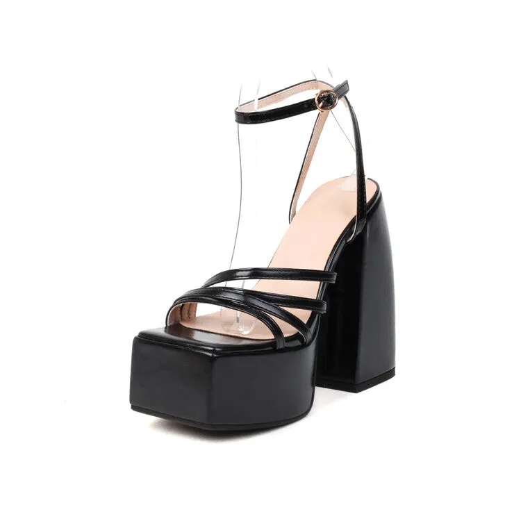 Soft Bed Sandals Women's Solid Color Square Toe Chunky Heel High Heels Platform Sandals