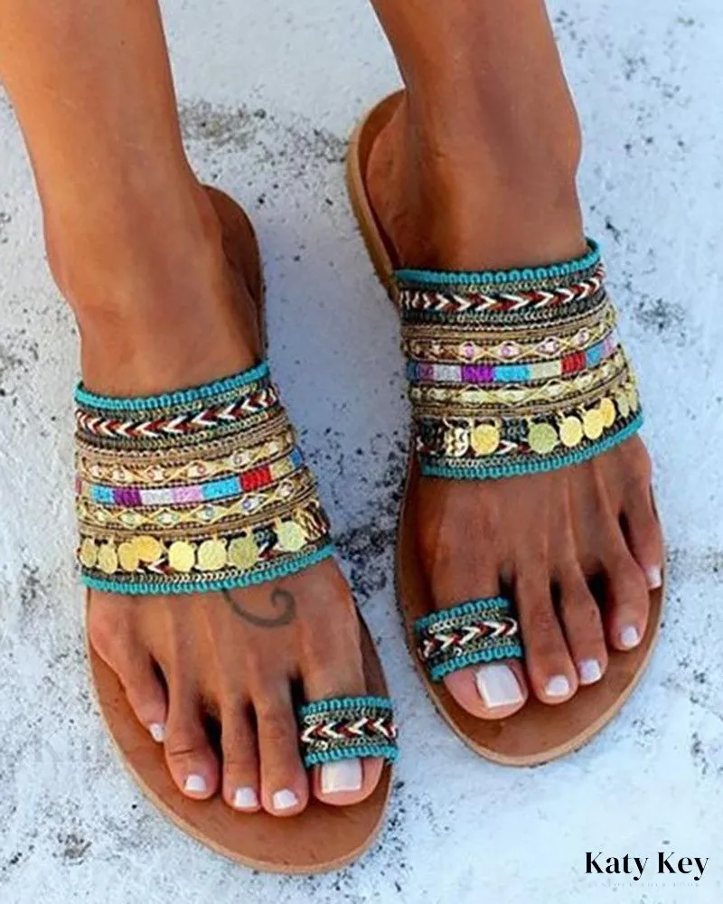 Felt Flip Flops KatyKey - Artisanal Toe Ring Slippers with an Ethnic Boho Twist
