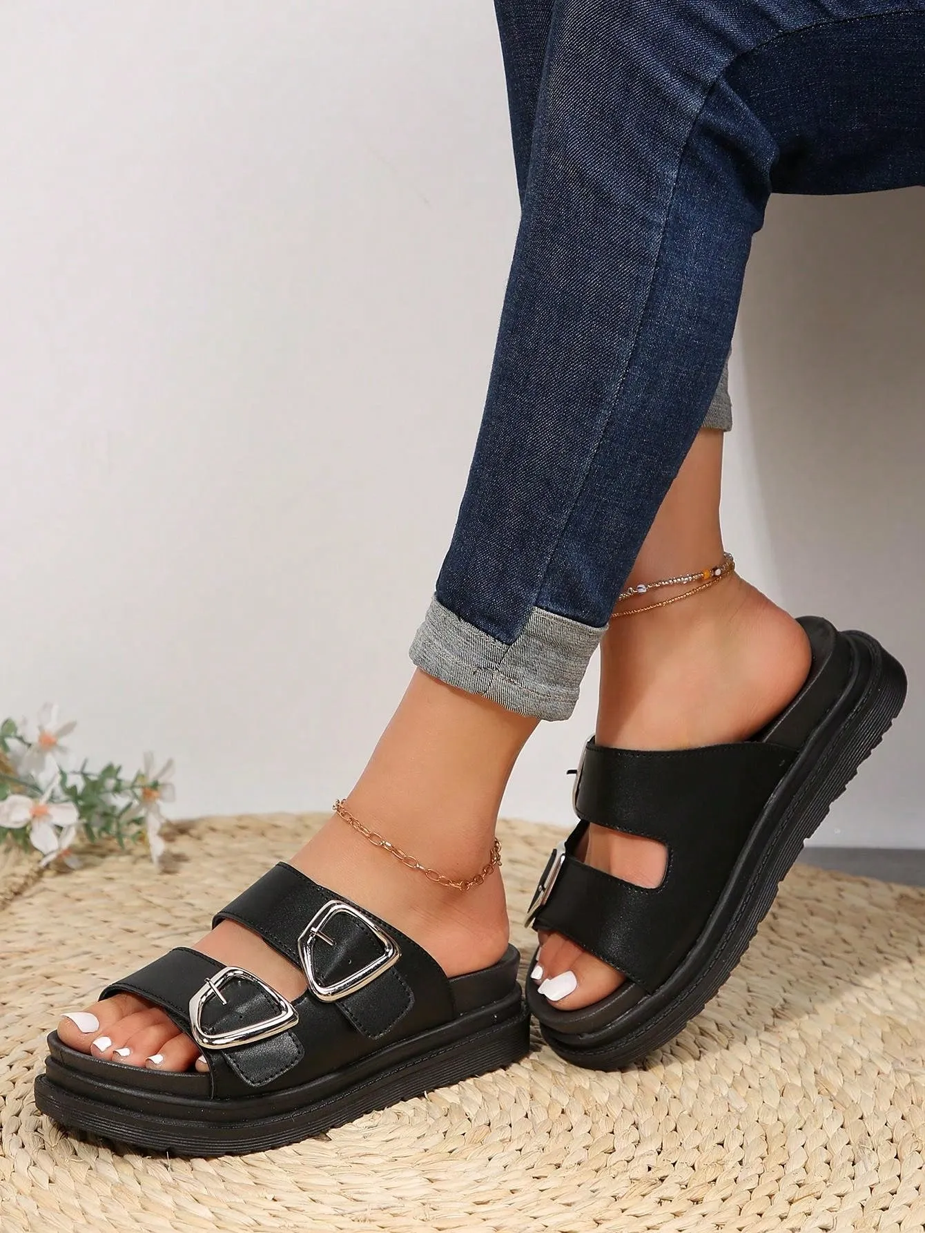 Jg Shoes Flats Lady's French Style Thick Sole Sandals with High-End Sense