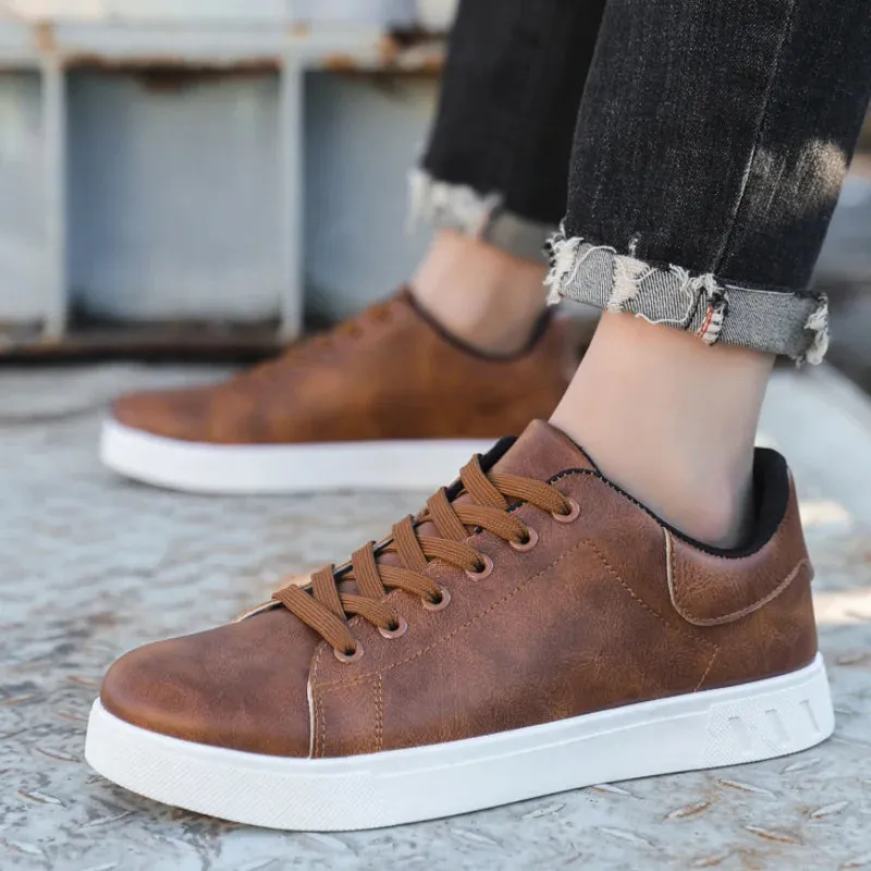 Orange Flats Shoes Classic Men Leather Shoes Thick-soled Casual Sneakers Trendy Lace-up Walking Shoes Spring Anti-slip Comfortable Vulcanized Shoes