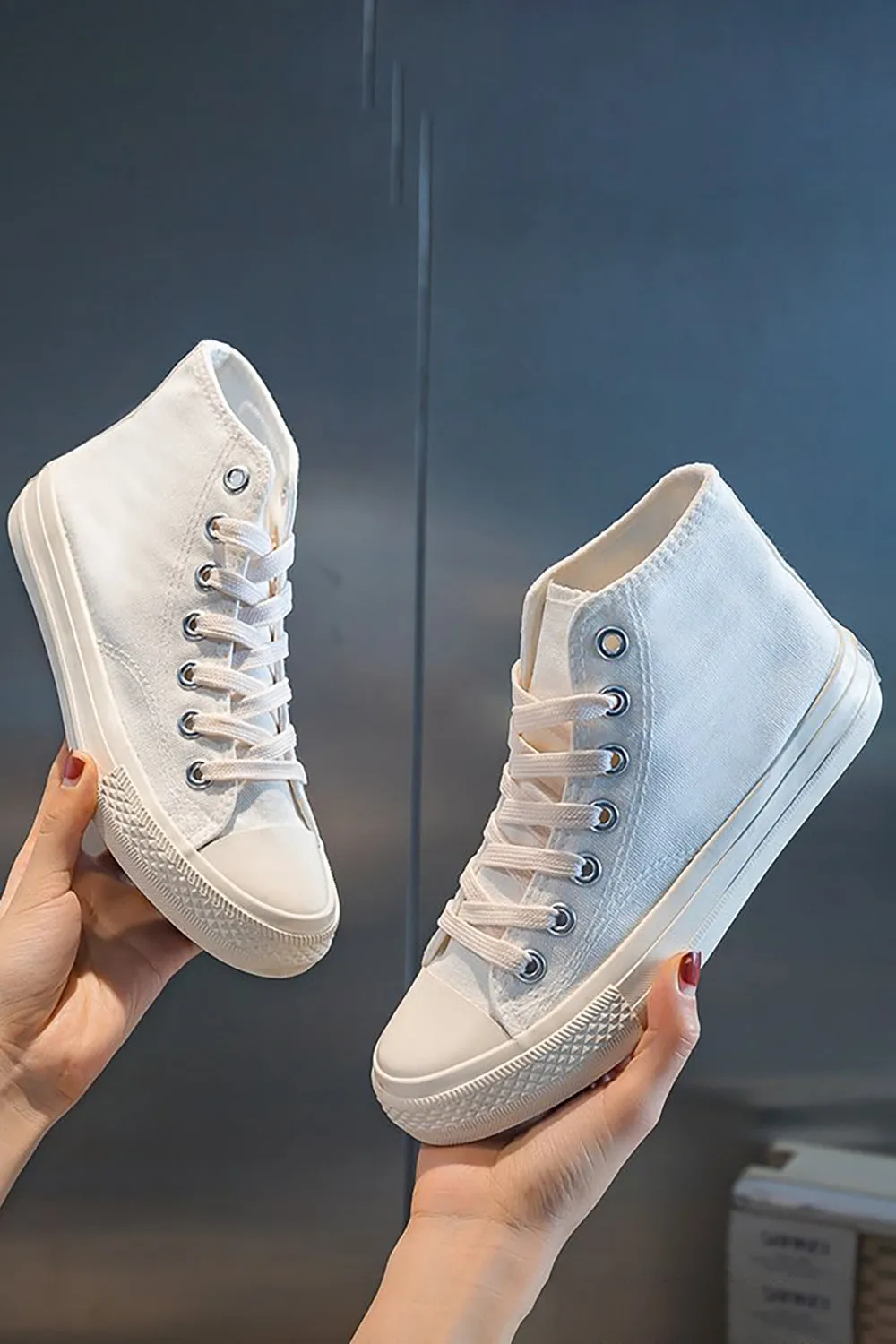 White Mid Top Lace Up Canvas Sneakers Rei Sneakers
