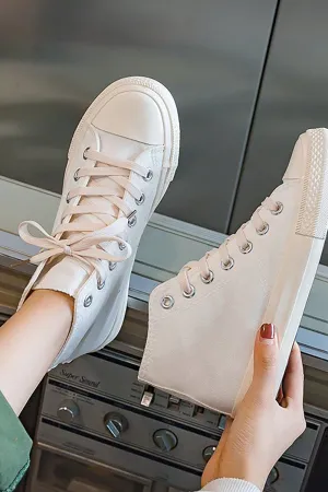 White Mid Top Lace Up Canvas Sneakers Sneakers For Metatarsalgia