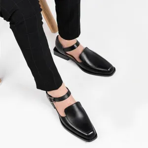 Danish Slippers New Black Casual Business Men Shoes Buckle Strap  Round Toe Sandals