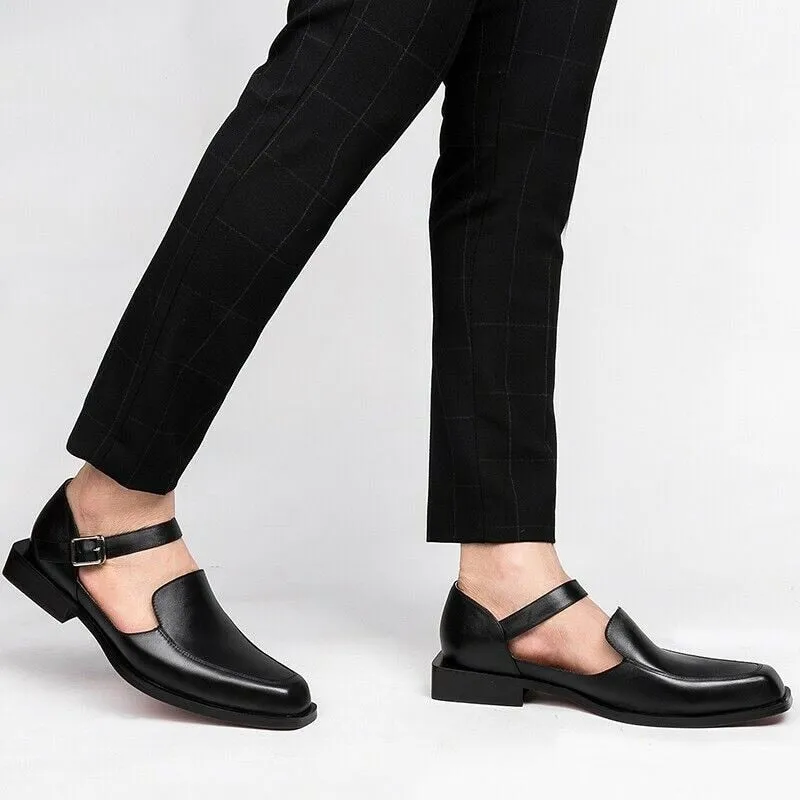 New Black Casual Business Men Shoes Buckle Strap  Round Toe Sandals Real Glass Slippers