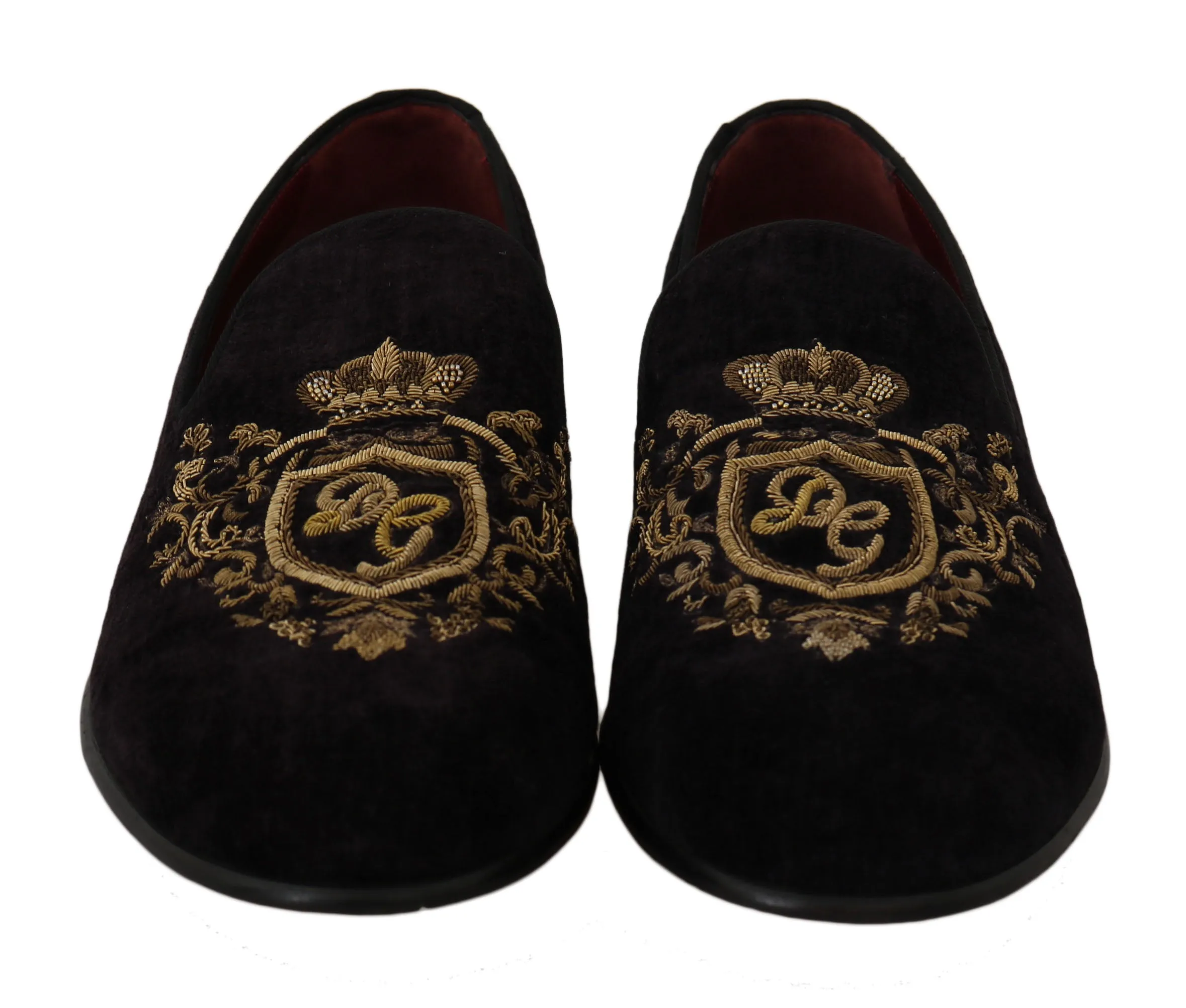 Dolce & Gabbana Elegant Black Loafers with Gold Crown Embroidery Soft Leather Loafers