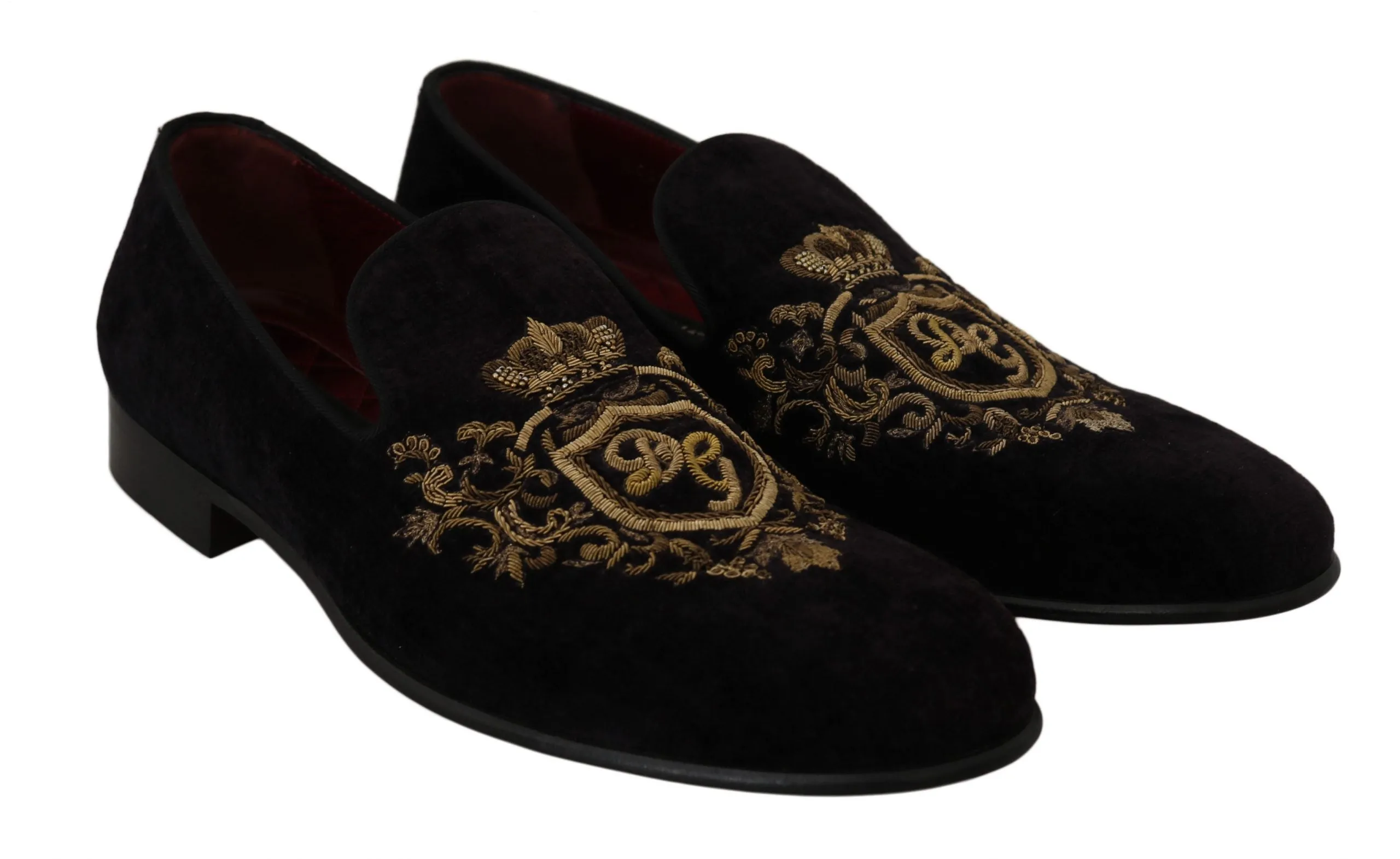 Loafers Wide Width Dolce & Gabbana Elegant Black Loafers with Gold Crown Embroidery