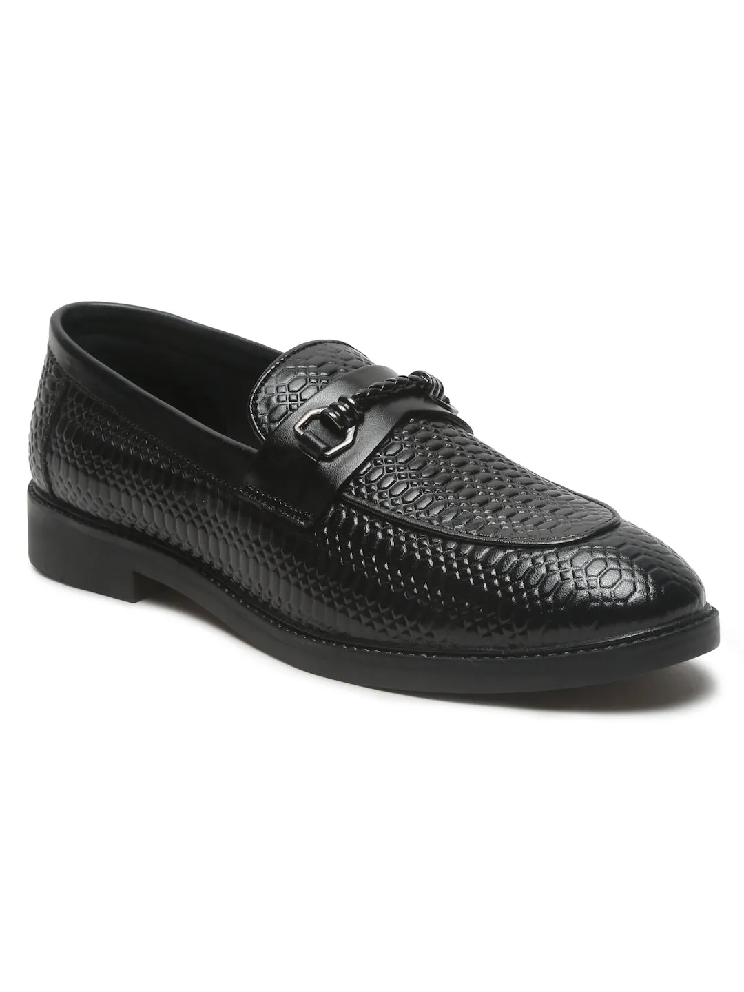 Chunky Loafers With Jeans Men's Black Texture Patterned Leather Loafers