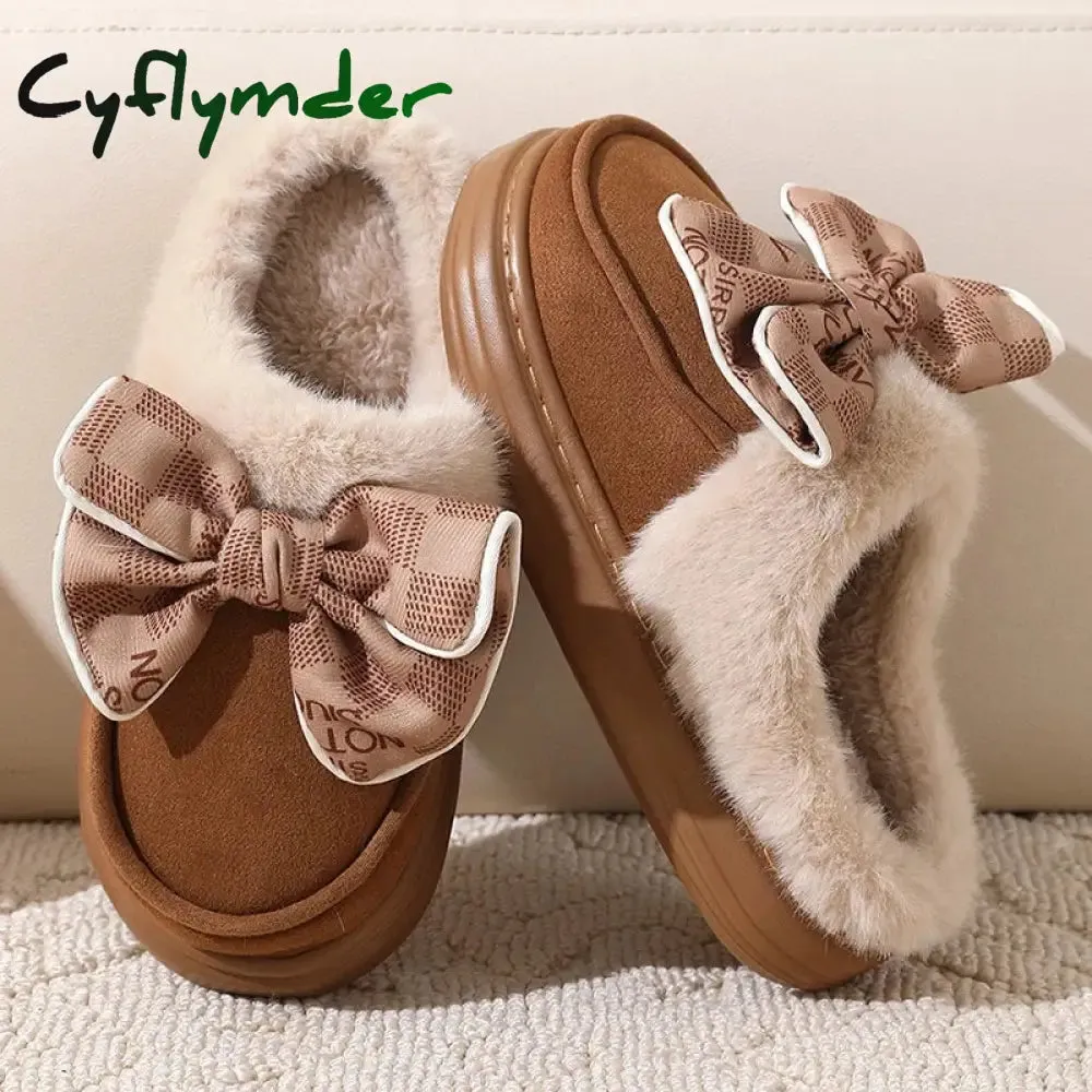 Hey Dude Slippers Cyflymder Women's Warm Home Slippers Cute Autumn Winter Bow Thick Plush Non-Slip Leisure Shoes Soft Bedroom Platform Flat Slides