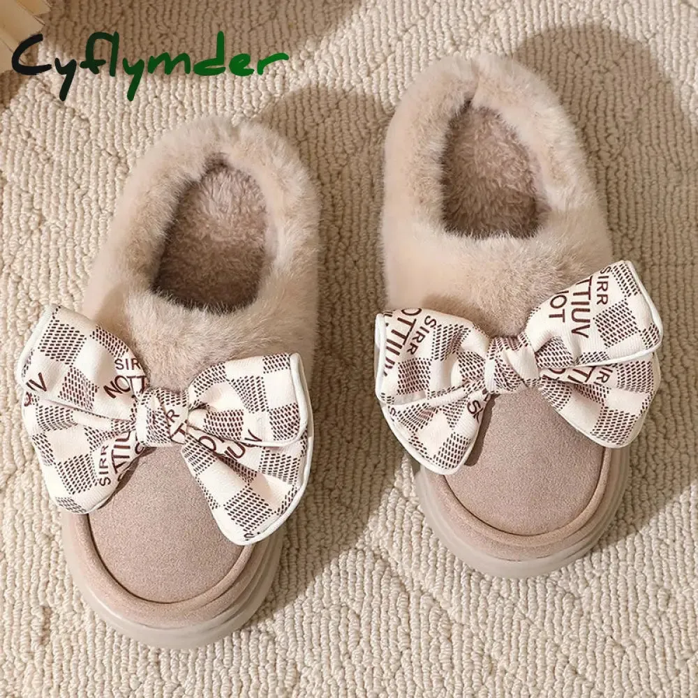 Cyflymder Women's Warm Home Slippers Cute Autumn Winter Bow Thick Plush Non-Slip Leisure Shoes Soft Bedroom Platform Flat Slides Dog Face Slippers
