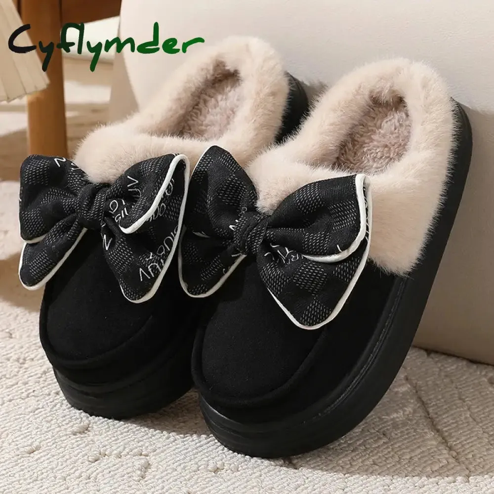 Cyflymder Women's Warm Home Slippers Cute Autumn Winter Bow Thick Plush Non-Slip Leisure Shoes Soft Bedroom Platform Flat Slides Frontier Rooms Slippers