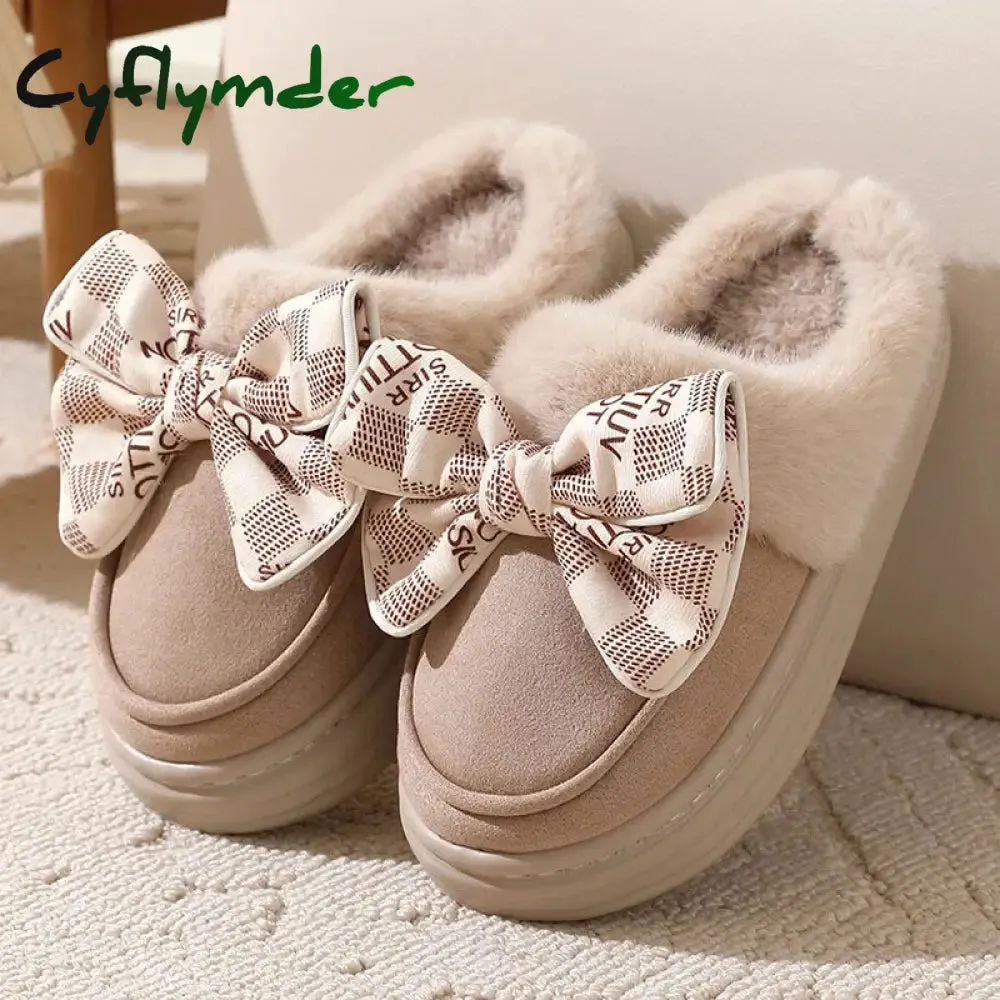 Happyfeet Slippers Cyflymder Women's Warm Home Slippers Cute Autumn Winter Bow Thick Plush Non-Slip Leisure Shoes Soft Bedroom Platform Flat Slides