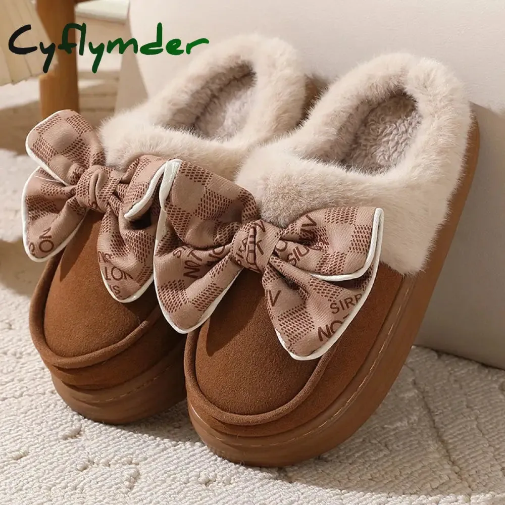 Ucg Slippers Cyflymder Women's Warm Home Slippers Cute Autumn Winter Bow Thick Plush Non-Slip Leisure Shoes Soft Bedroom Platform Flat Slides