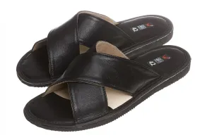 Men's Black Leather Open Toe Slippers | WU-244 Scandinavian Slippers