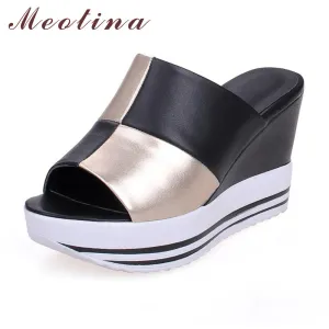 Mule Slides Meotina Genuine Leather Shoes Women Ladies Slippers Causal Platform Wedges Heels Real Leather Women Slides Large Size 9 10 11 44
